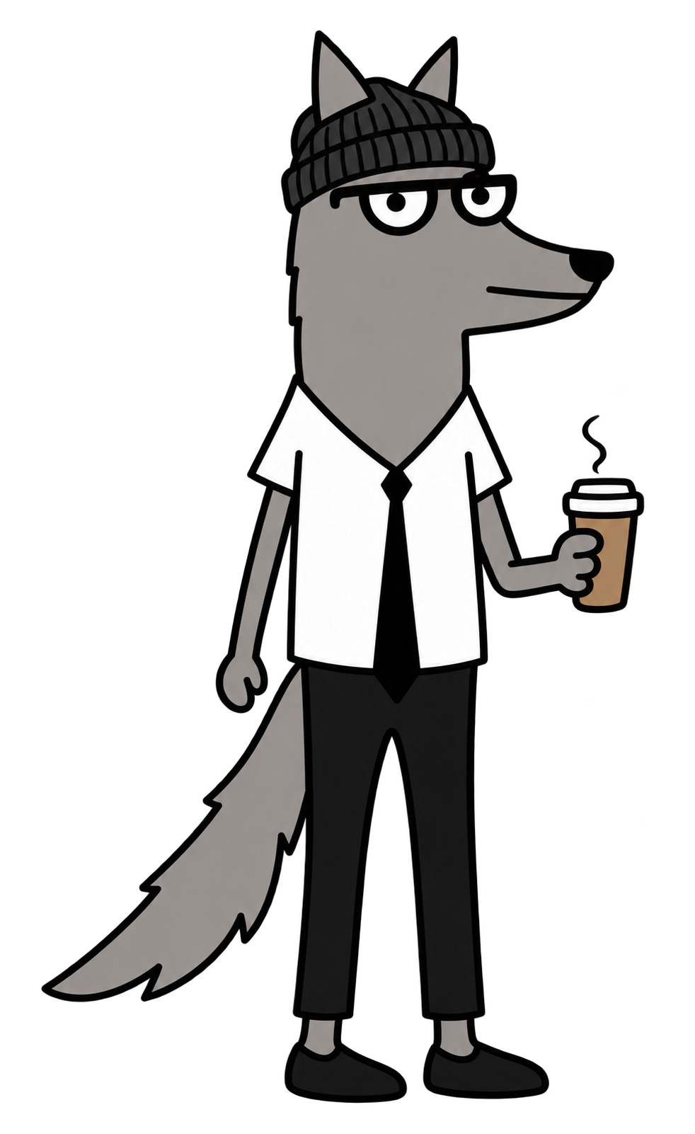 Wolf of Williamsburg in a black beanie, shirt and tie, black trousers and simple shoes, holding a steaming coffee