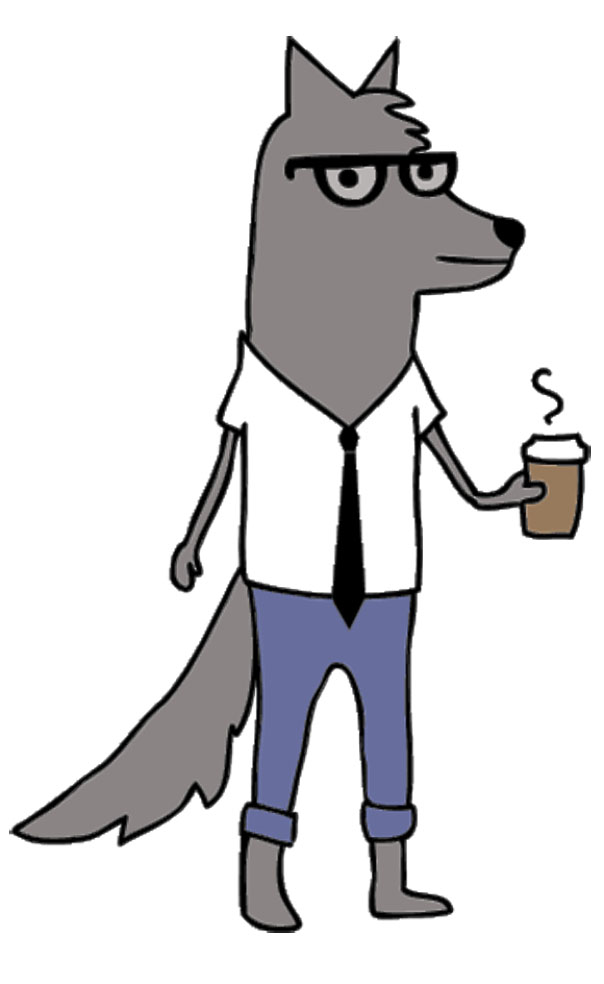 The original Wolf of Williamsburg wearing a shirt and tie and holding a cup of coffee