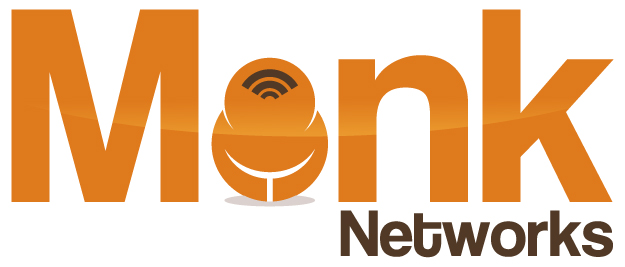 The original orange Monk Networks wordmark with a stylized networked monk symbol