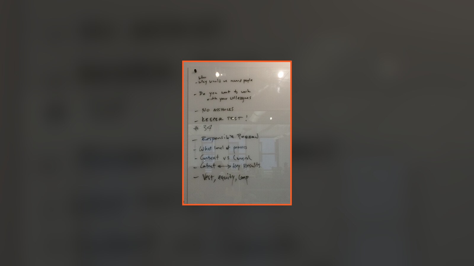 A September 2015 Reonomy hiring whiteboard with notes about coworkers, responsibility, process, and a blunt no-assholes rule
