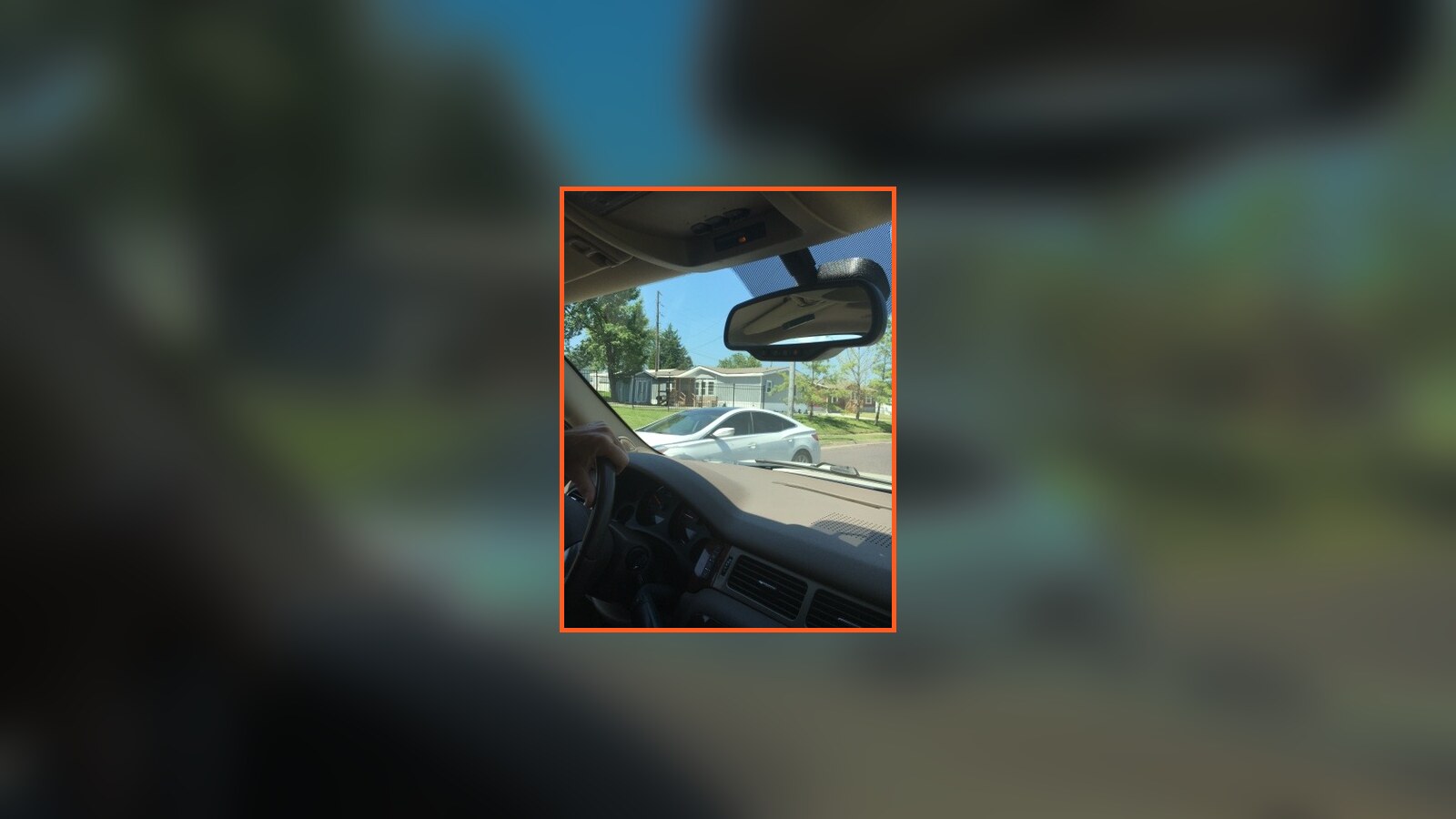 A mobile-home park seen through the windshield during the Missouri visit