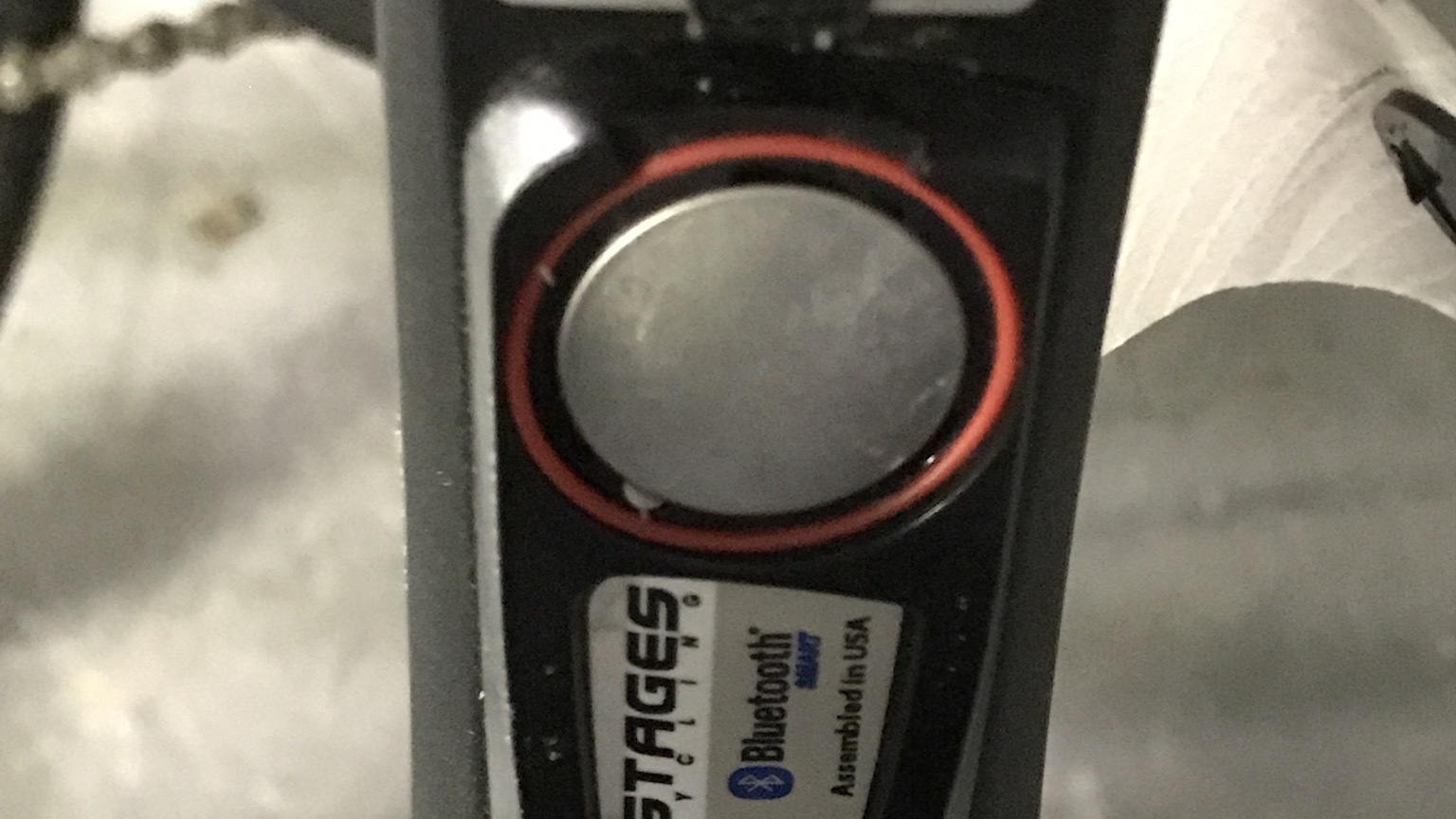 Close-up of the battery door on Chris Fischer's Stages cycling power meter