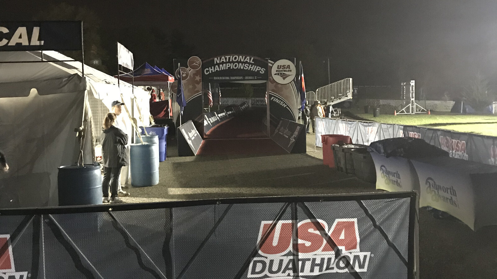 The lit finish arch at the USA Triathlon Duathlon National Championships before sunrise