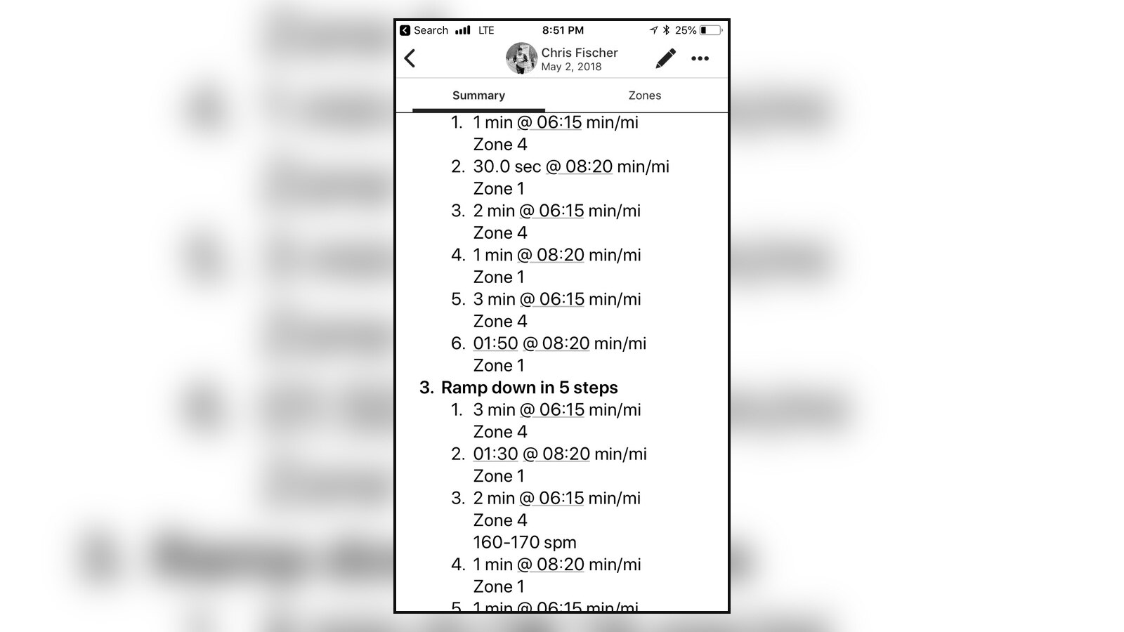 A May 2018 TrainingPeaks workout on Chris Fischer's phone showing alternating hard and recovery running intervals