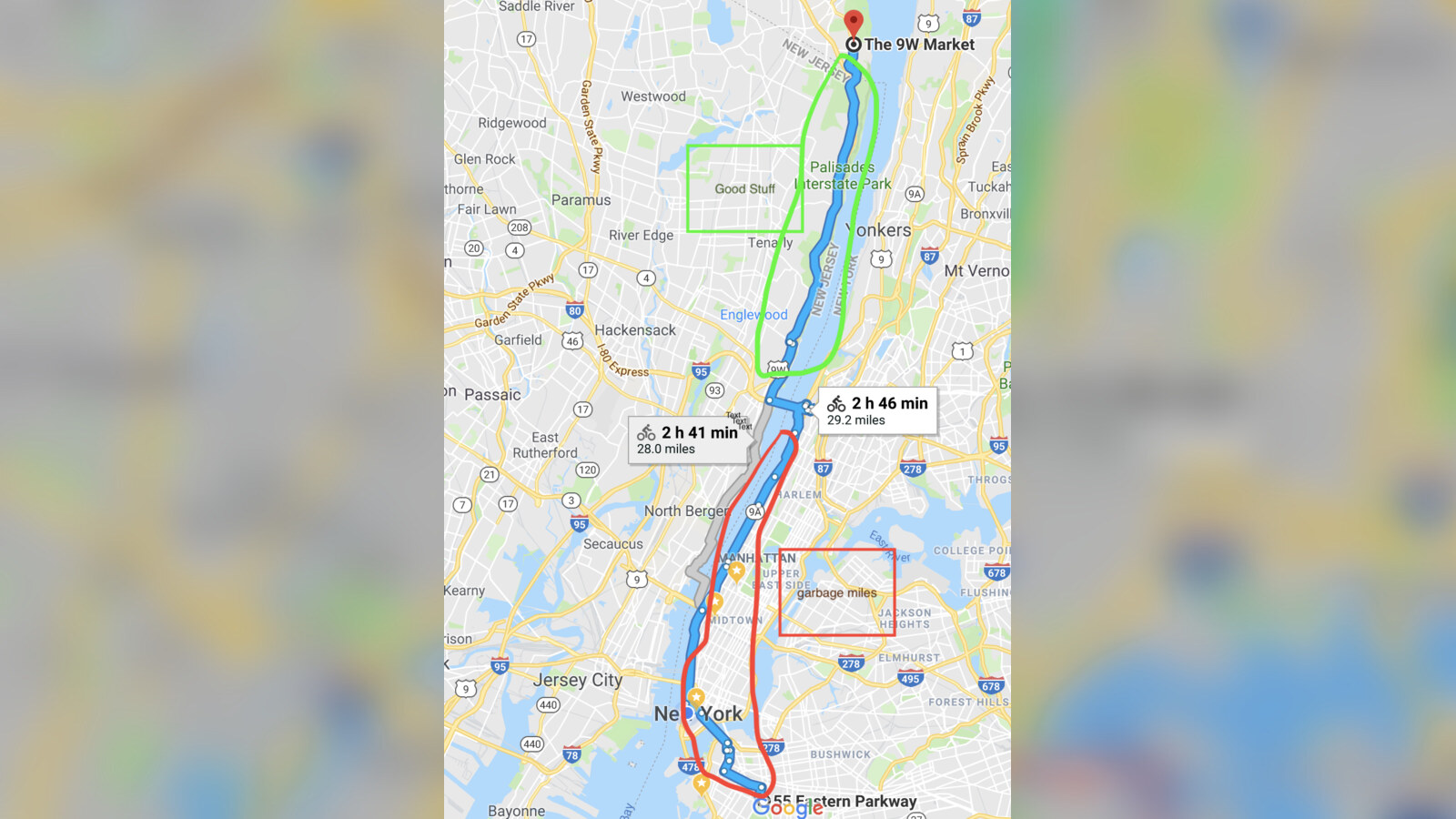 Chris Fischer's July 2018 bike-route map from Brooklyn to the 9W corridor, annotated with the garbage miles through the city and the good riding north of it