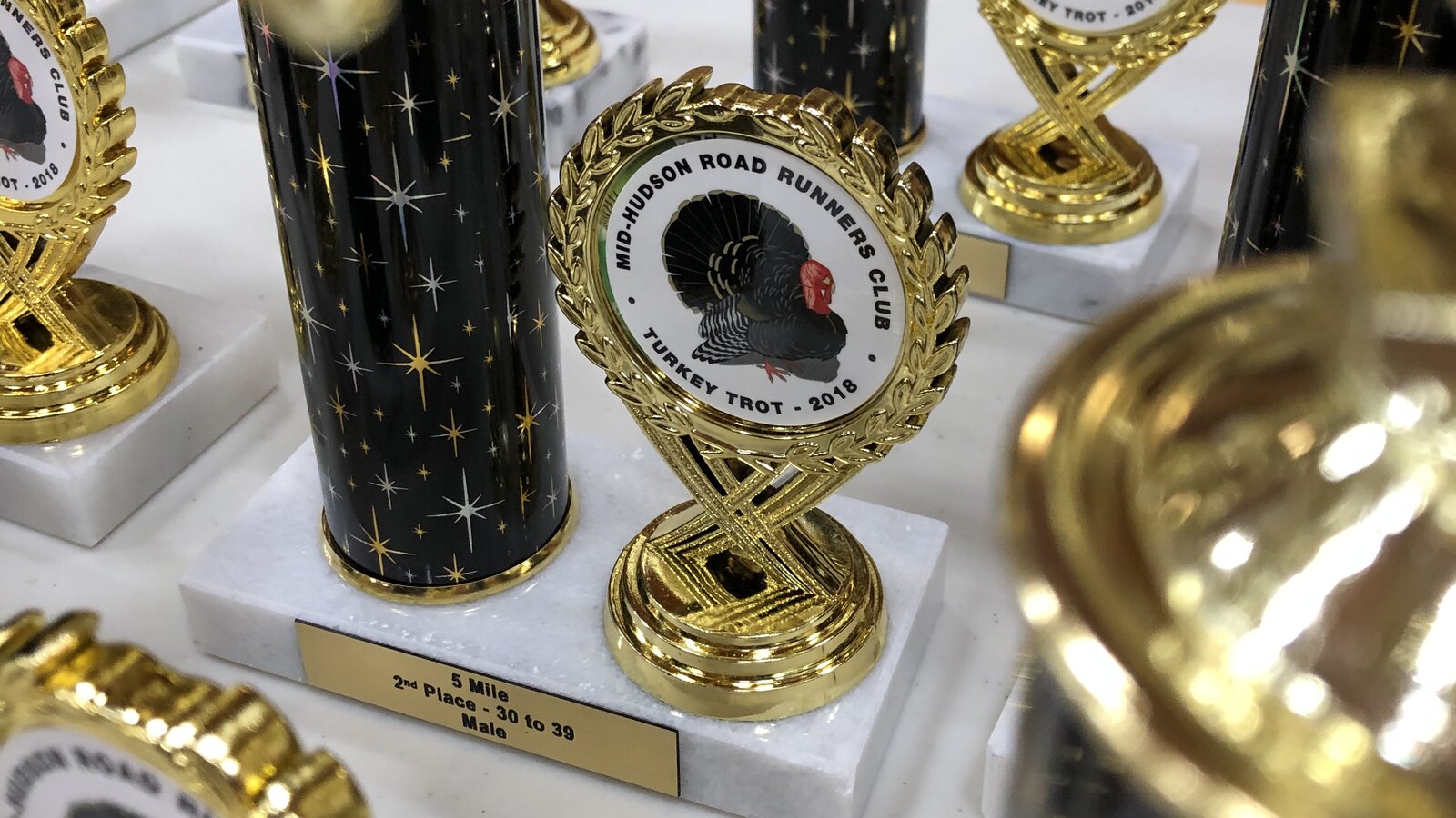 Gold Mid-Hudson Road Runners Club Turkey Trot trophies, including a second-place five-mile age-group award