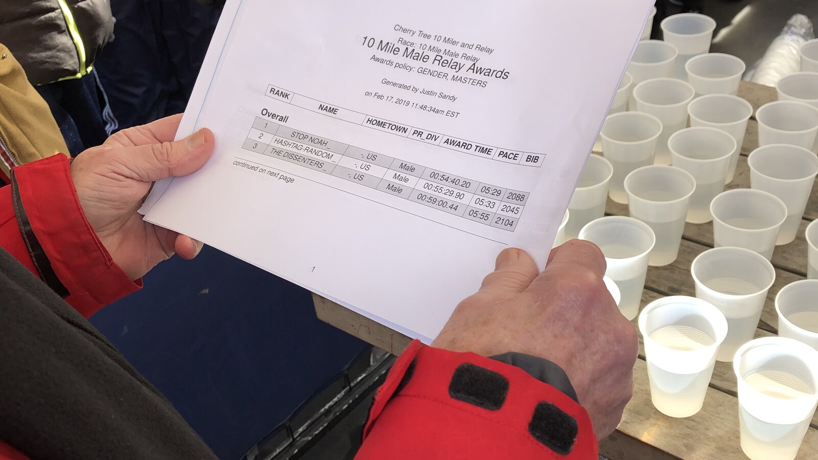 The printed Cherry Tree 10 Mile Male Relay results showing Stop Noah first in 54:44 after the race in Prospect Park