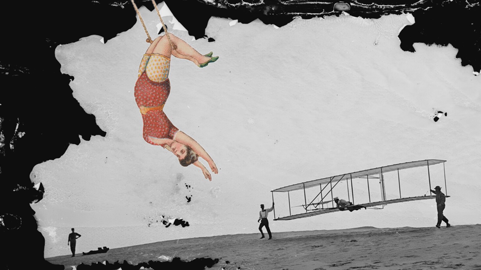 Black-and-white Apply Stickers storefront banner with an illustrated diver above an early airplane