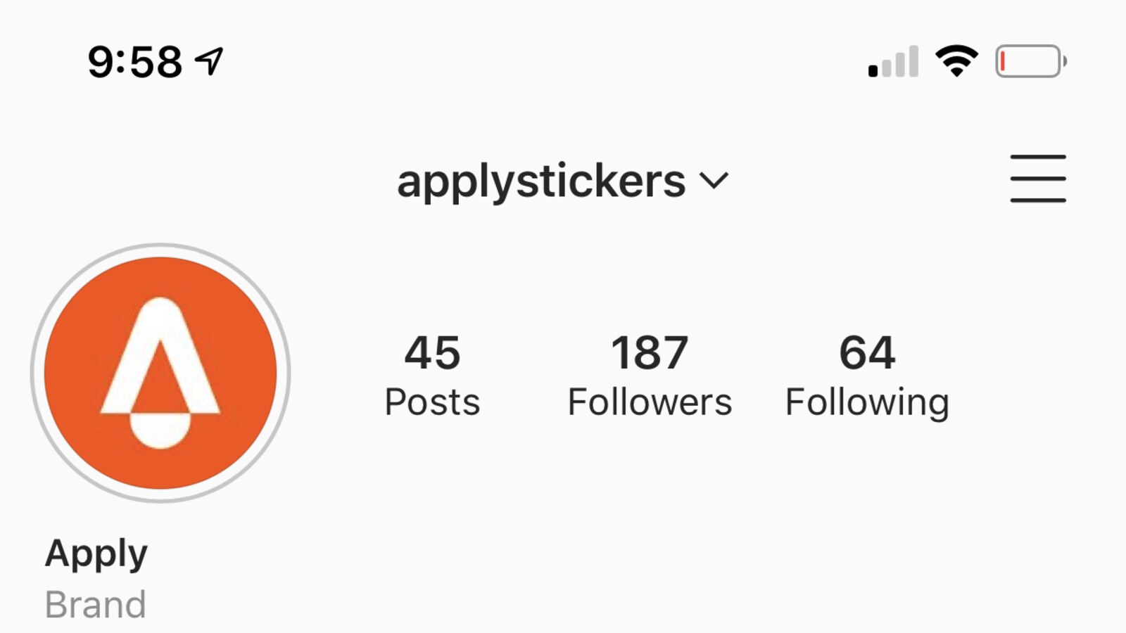 Apply Stickers Instagram profile showing 45 posts and 187 followers near its commercial launch