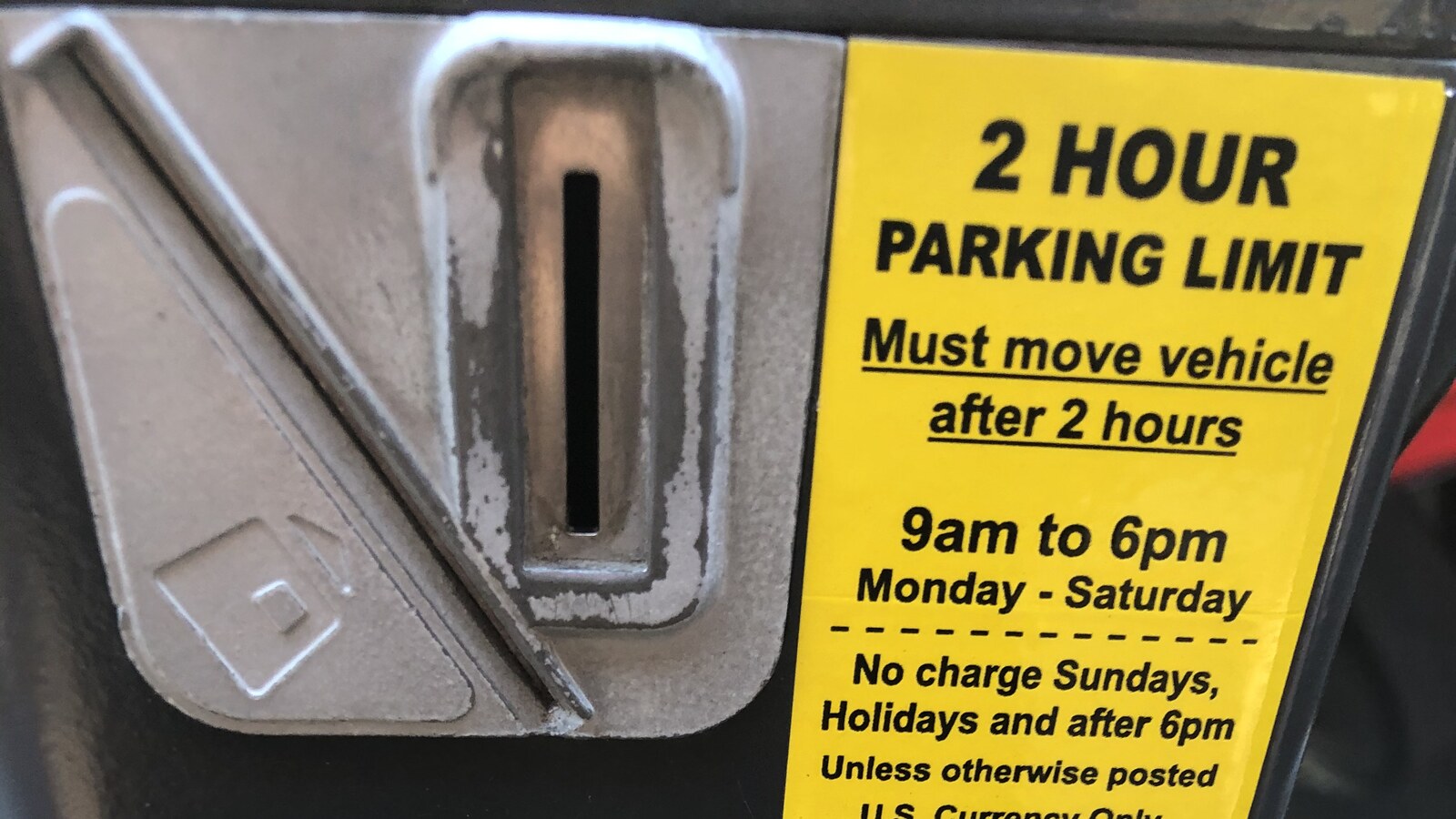 A two-hour parking meter photographed in Portland, Maine, days before the closing