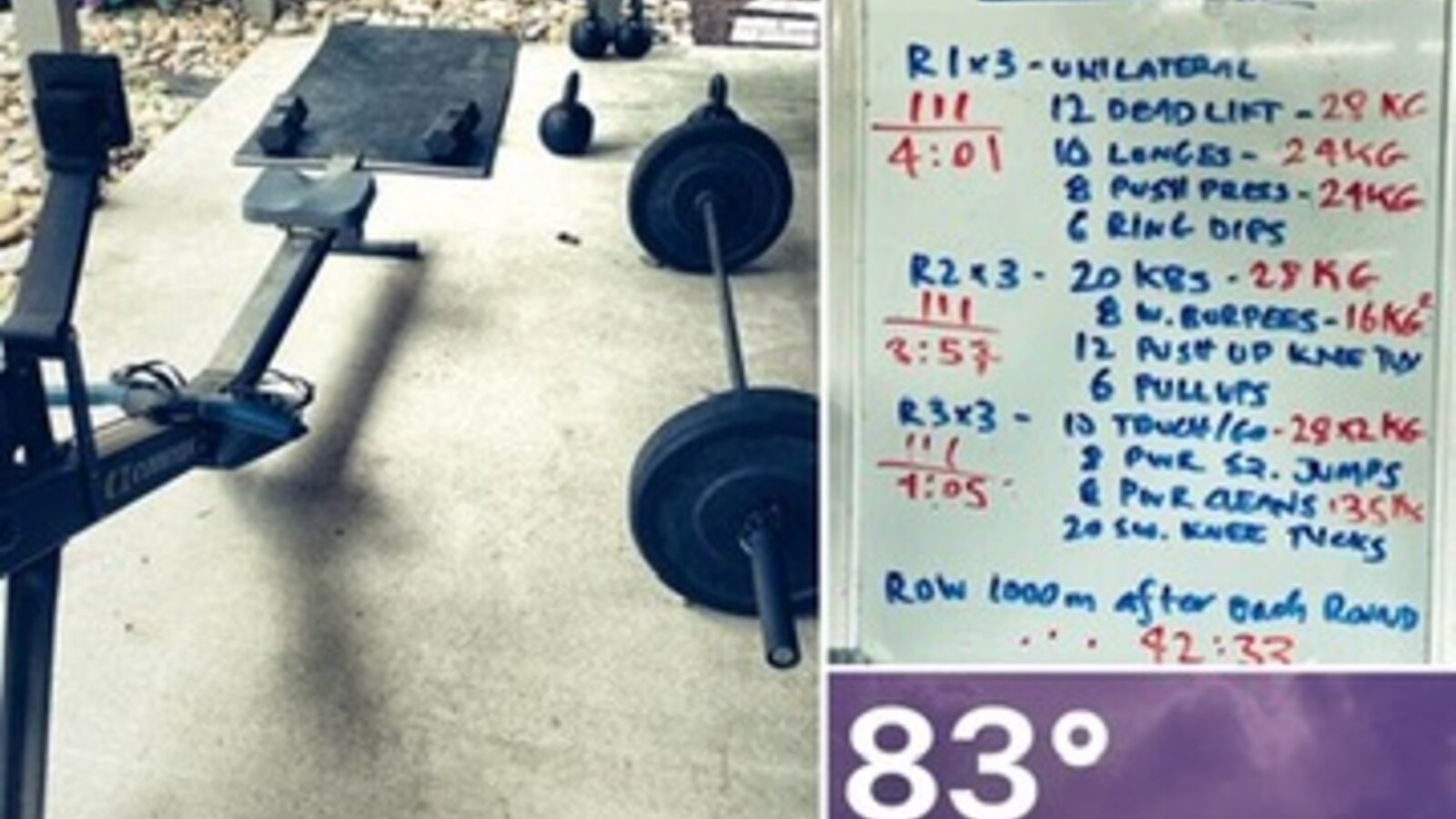 Chris Fischer's outdoor workout setup, handwritten workout board, and 83-degree weather reading
