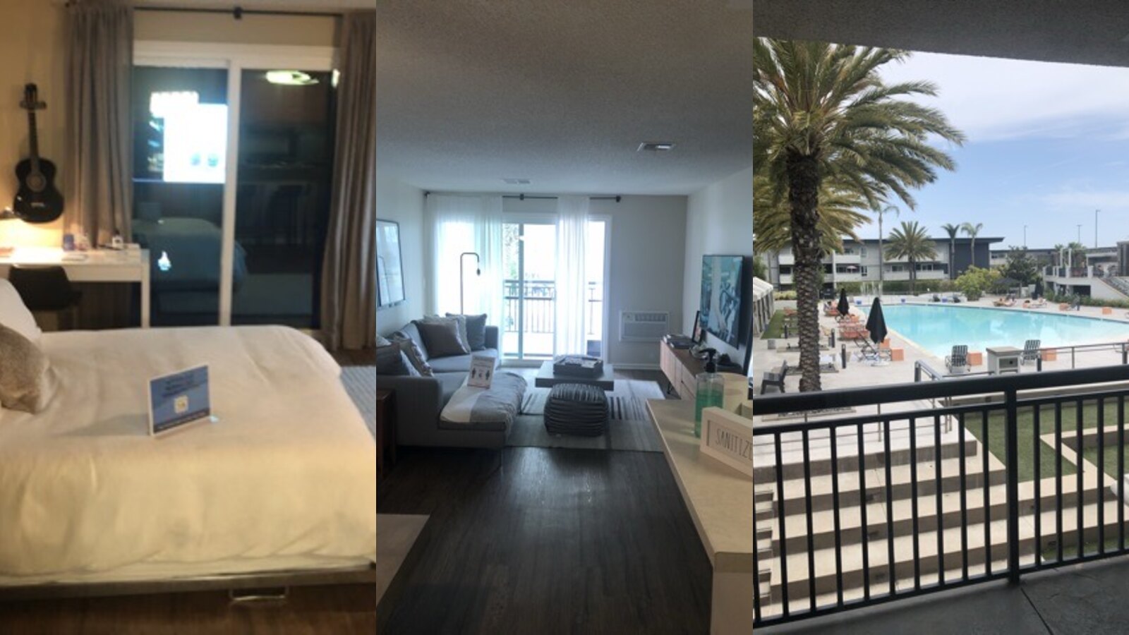 Newport Beach apartment bedroom, living room, and pool viewed during Chris Fischer's June 2021 housing search
