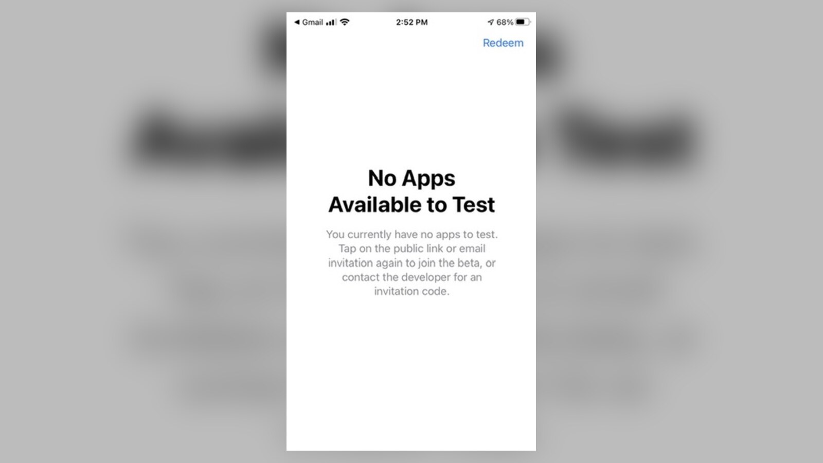 An iPhone TestFlight screen saying No Apps Available to Test