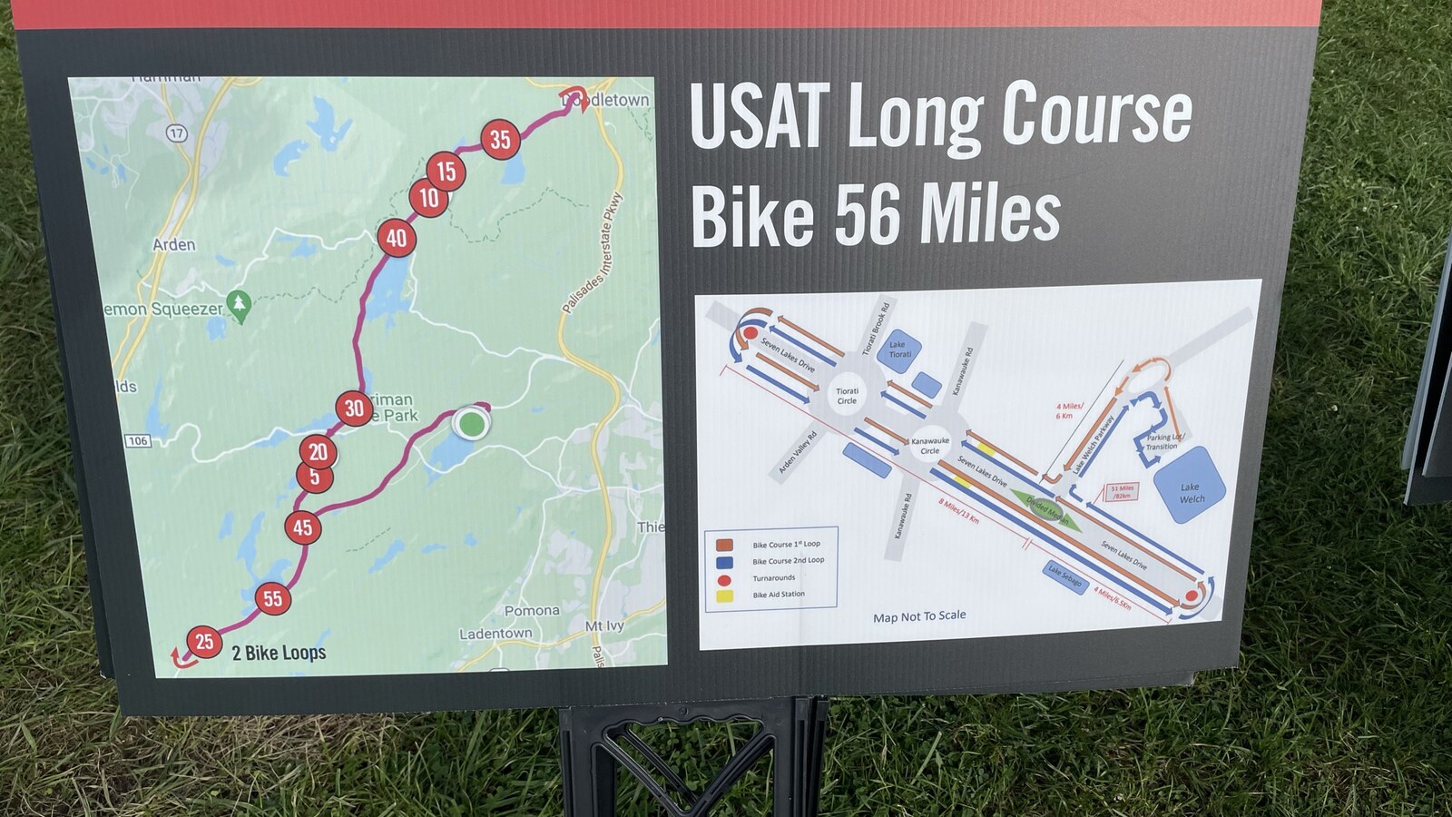 A Toughman course board showing the 56-mile long-course bike route