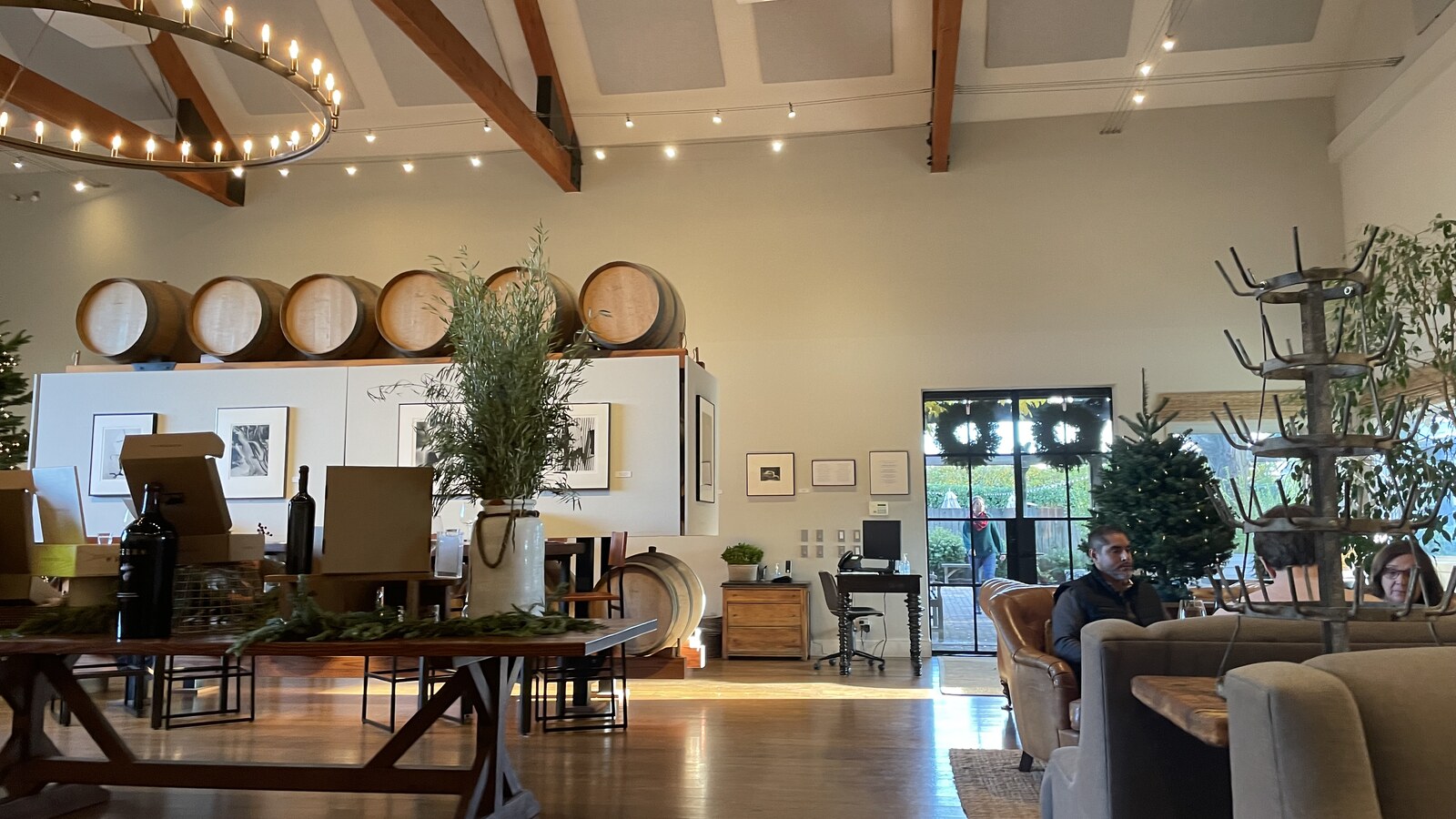 The barrel-lined tasting room at Turnbull Wine Cellars decorated for the holidays