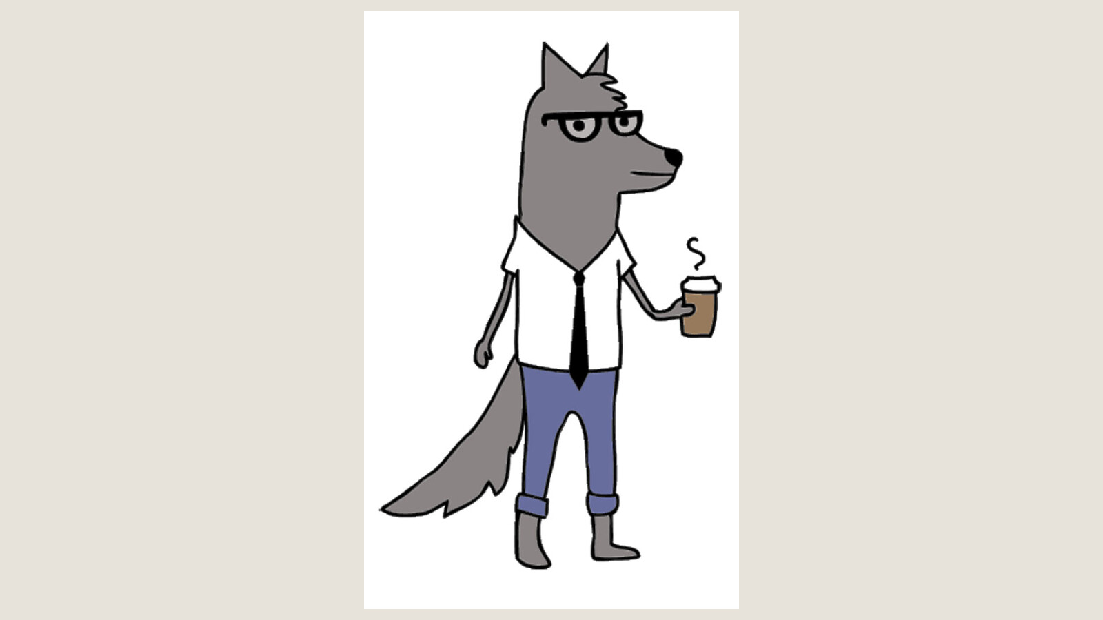 The original Wolf of Williamsburg character wearing a shirt and tie and holding a cup of coffee